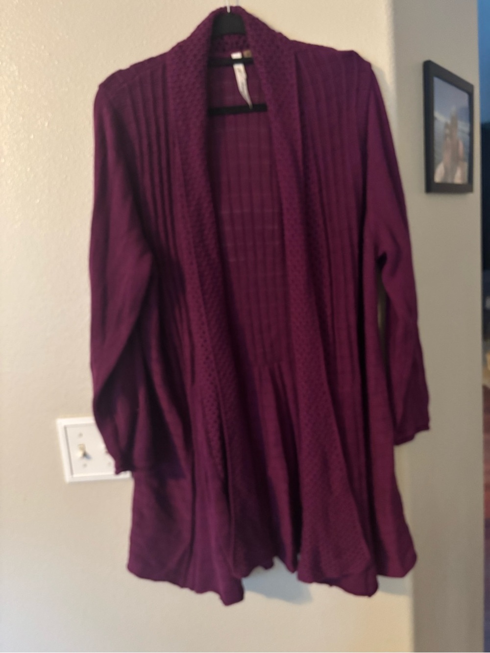 NY Collection Woman Pleated Open Front Duster Cardigan Sweater Purple Plum Plus
